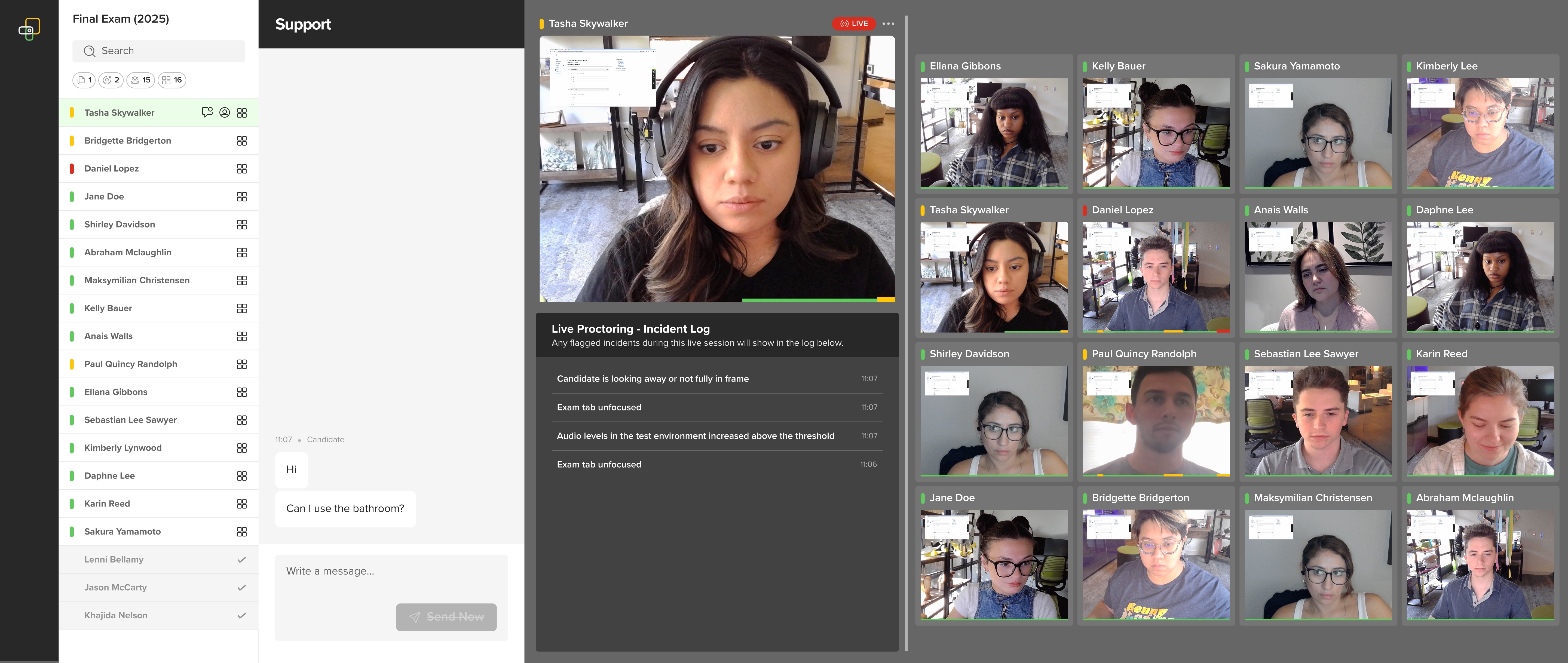 Proctorio BYOP Live Exam Dashboard showing the Roster Panel, Chat Panel, Live Panel, and Gallery