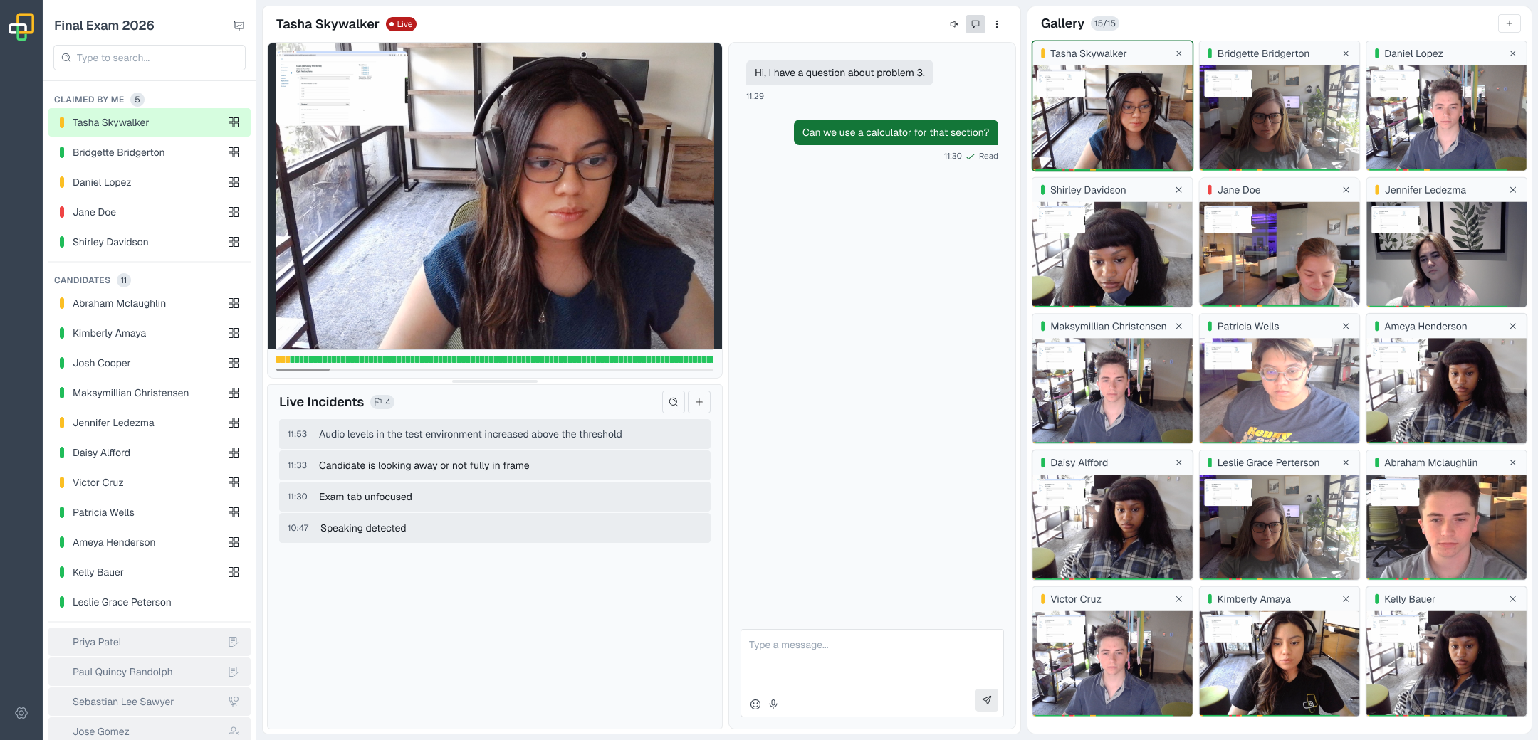 Proctorio BYOP Live Exam Dashboard showing the Roster Panel, Chat Panel, Live Panel, and Gallery