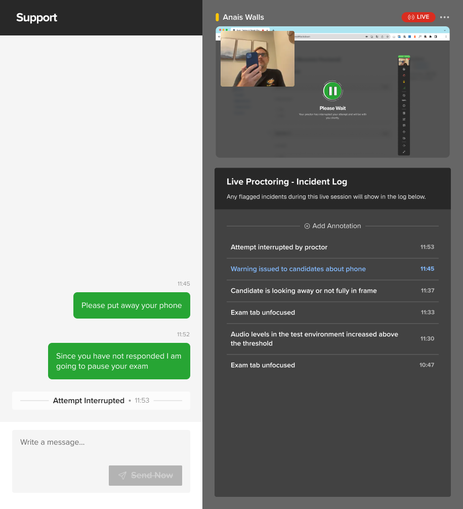 Support chat showing a proctor warning a candidate about phone use and interrupting the attempt, alongside the candidate's live feed paused with the actions menu open and an updated incident log