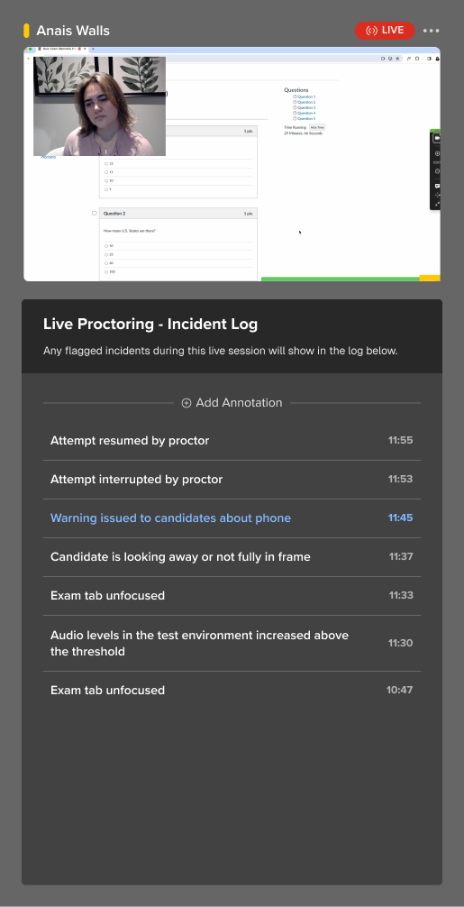 Live Panel showing candidate screen share with webcam feed thumbnail and incident log with annotations