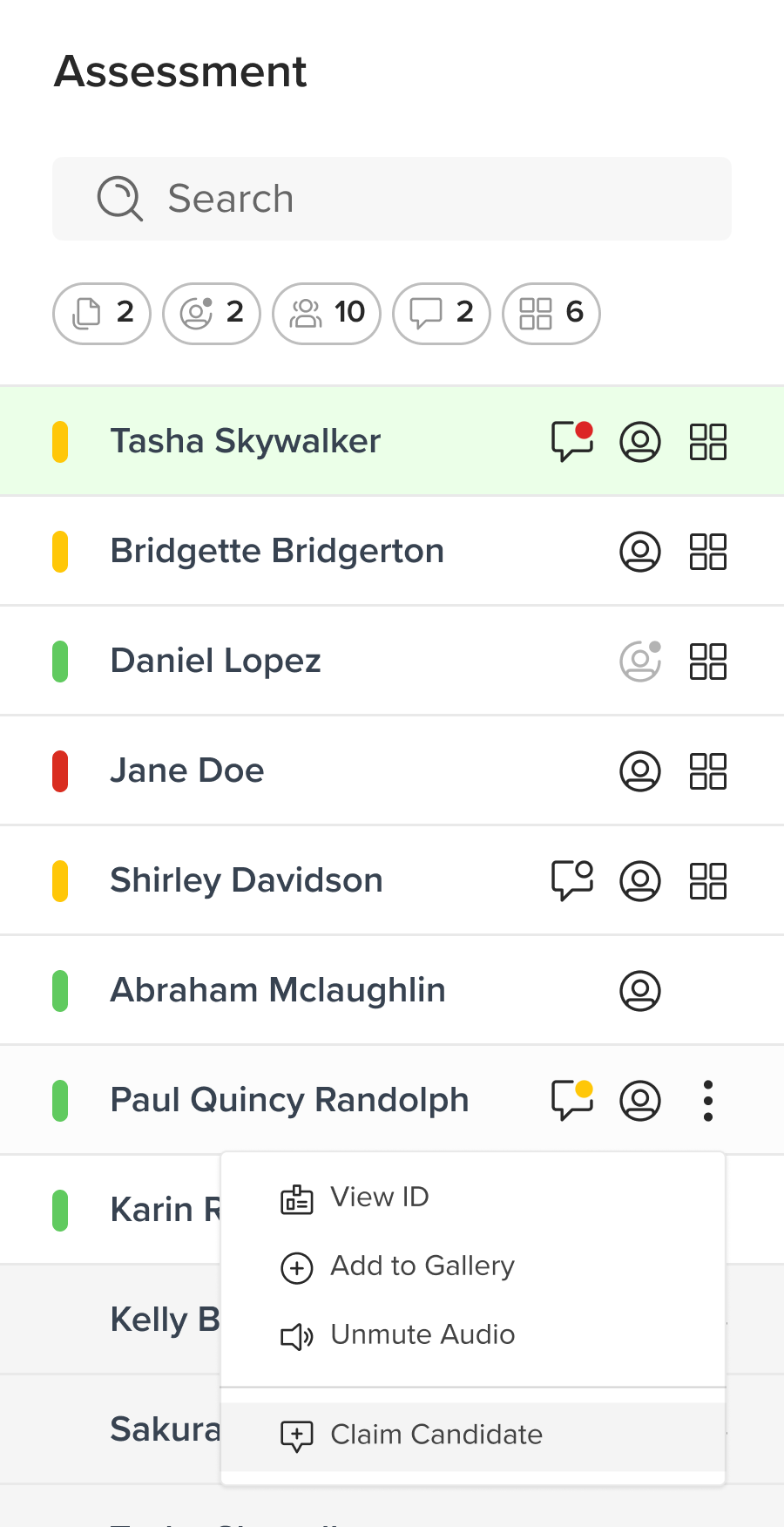 Roster Panel showing search, live stats, candidate list, status cues, and actions menu